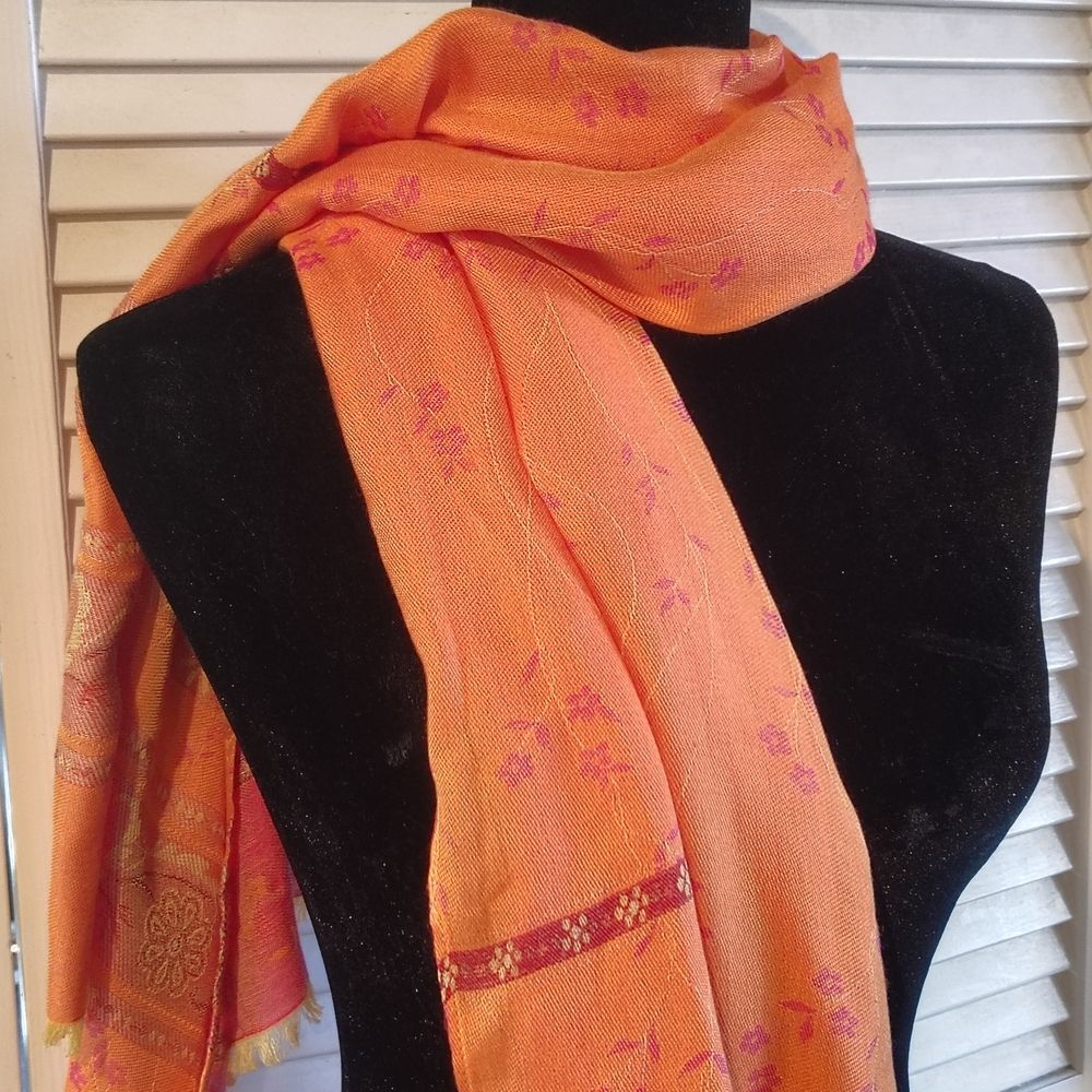 Marc Rozier Paris Silk Blend Scarf – Orange with Gold Floral Accents - Size - OS - Picture 7 of 8